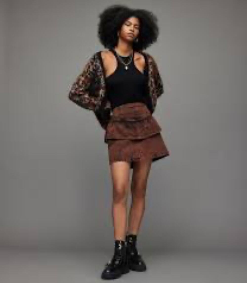 ALLSAINTS Andy Denim Mini Skirt ruffled layer Size 0 Brown Grunge Punk Y2K 90's